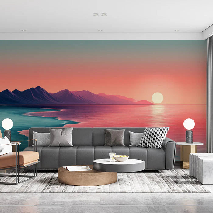 Coastal Sunrise and Mountains Various Colors (Orange, Blue, Green, etc.) of Coastal Sunrise Mural Wallpaper