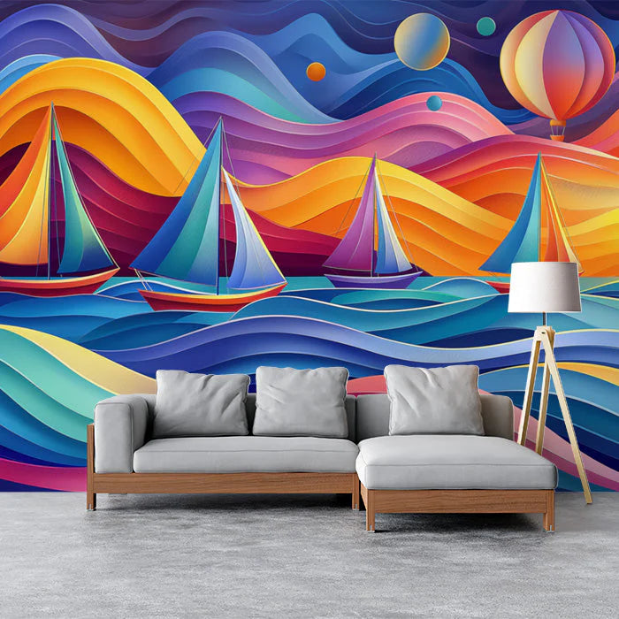 Colorful Sailboats and Waves Various Colors (Orange, Blue, Purple, etc.) of Sailboats Mural Wallpaper - pure wallpaper artwork