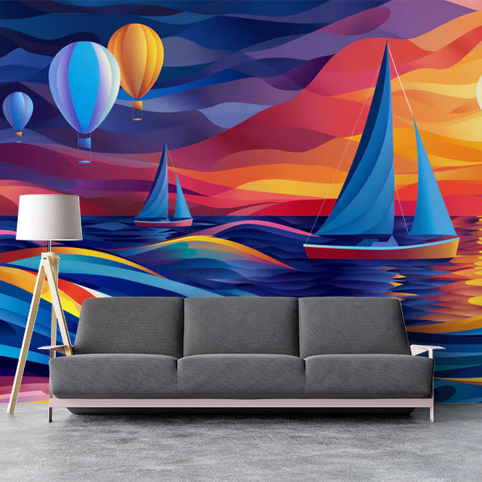 Colorful Sailboats and Waves Various Colors (Orange, Blue, Purple, etc.) of Sailboats Mural Wallpaper - pure wallpaper artwork