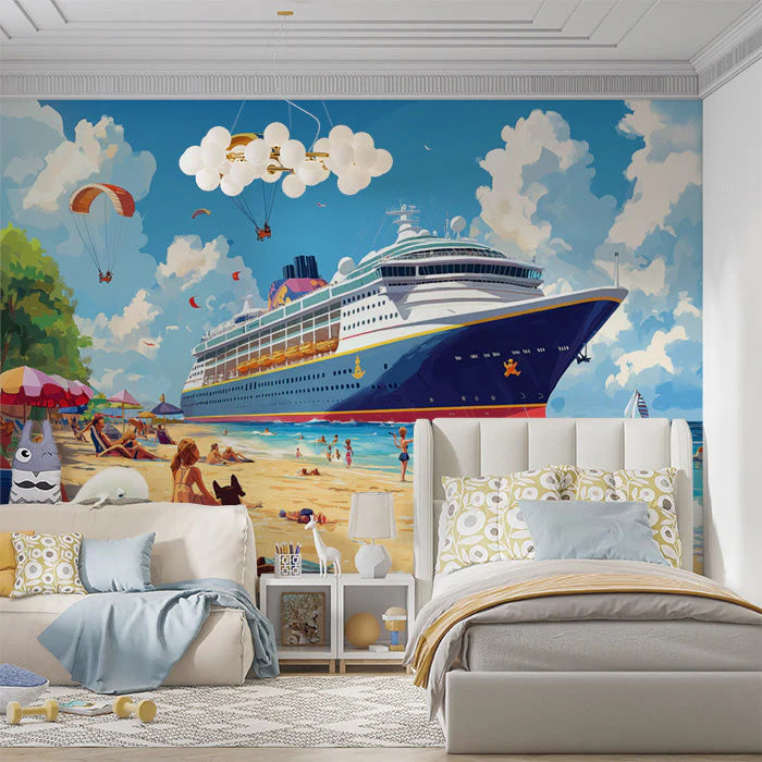Cruise Ship and Beach Various Colors (Blue, White, etc.) of Cruise Ship and Beach Mural Wallpaper
