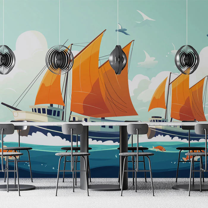 Sailing Boats Various Colors (Orange, Blue, etc.) of Sailing Boats Mural Wallpaper - pure wallpaper artwork