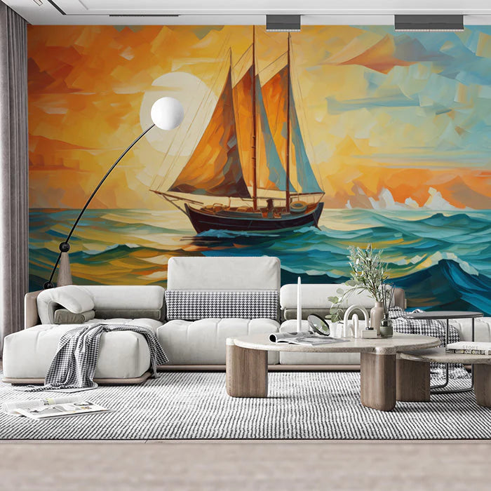 Sunset and Sailboat Various Colors (Orange, Blue, etc.) of Sunset and Sailboat Mural Wallpaper