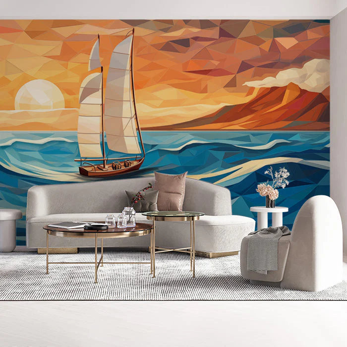 Sunset and Sailboat Various Colors (Orange, Blue, etc.) of Sunset and Sailboat Mural Wallpaper - pure wallpaper artwork