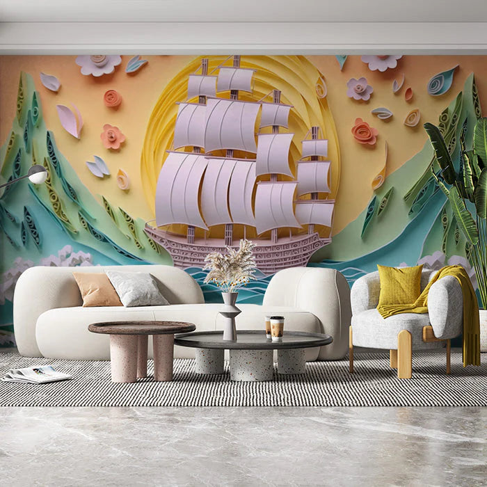 Paper Art Sailboat Mural Wallpaper Various Colors (Pink, Green, etc.) of Paper Art Sailboat Mural Wallpaper - pure wallpaper artwork