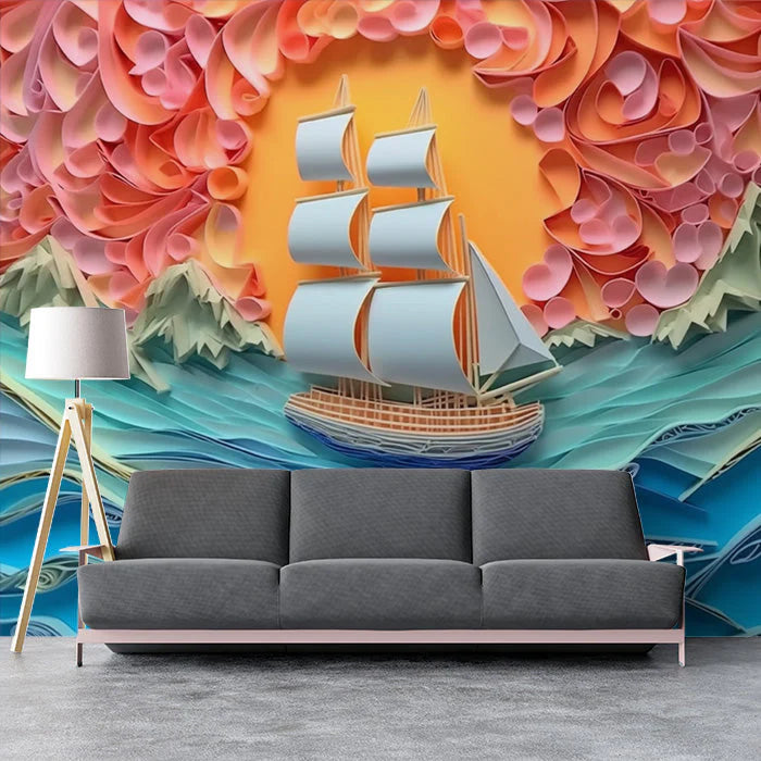 Paper Art Sailboat Mural Wallpaper Various Colors (Pink, Green, etc.) of Paper Art Sailboat Mural Wallpaper - pure wallpaper artwork