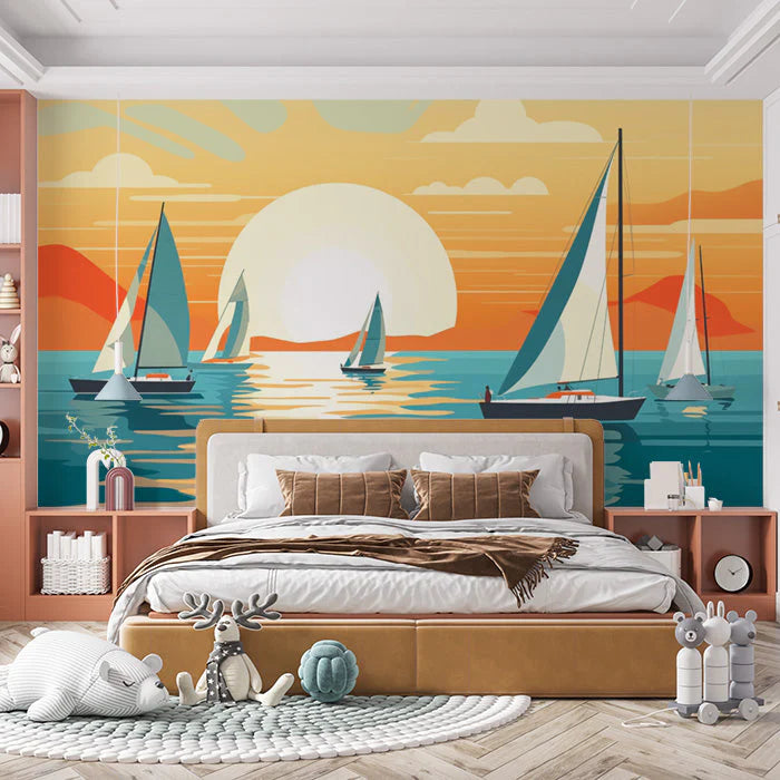 Sunset and Sailing Boats Various Colors (Orange, Blue, etc.) of Sunset and Sailing Boats Mural Wallpaper