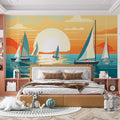 Sunset and Sailing Boats Various Colors (Orange, Blue, etc.) of Sunset and Sailing Boats Mural Wallpaper - pure wallpaper artwork