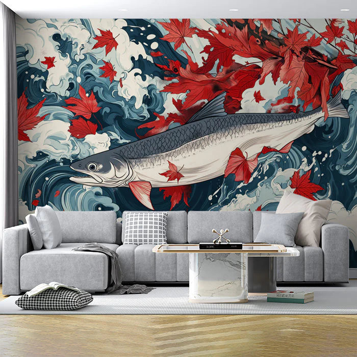 Salmon and Maple Leaves Mural Wallpaper for a living room Mural Wallpaper