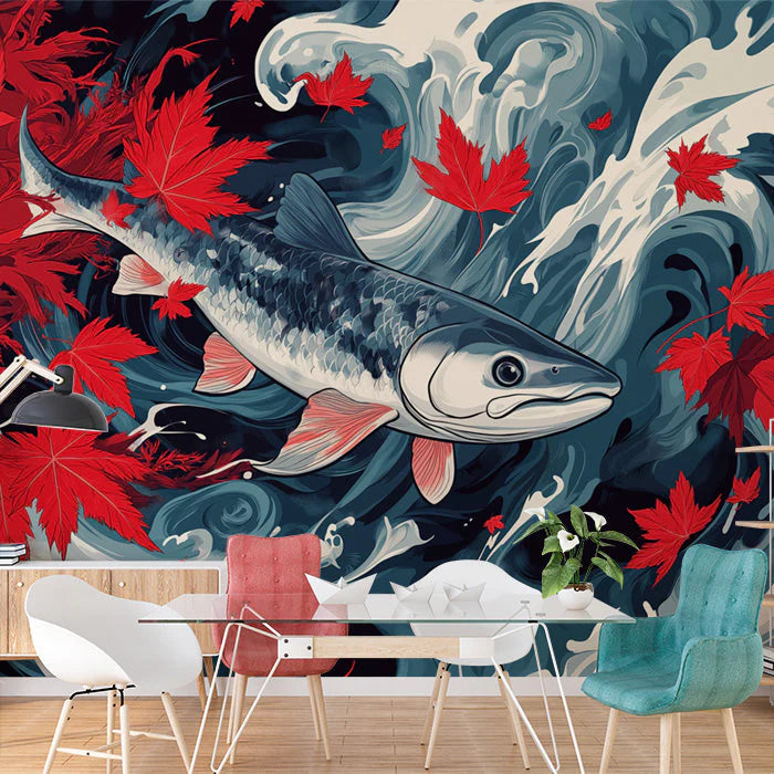 Salmon and Maple Leaves Various Colors (Red, Blue, etc.) of Salmon and Maple Leaves Mural Wallpaper - pure wallpaper artwork