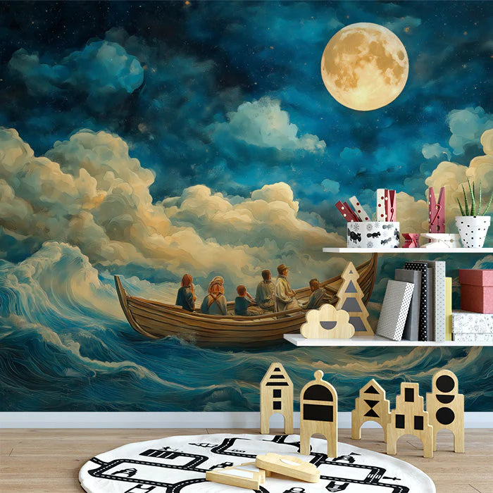 Moonlit Boat Ride Mural Wallpaper in Nursery Various Colors (Blue, Yellow, etc.) of Moonlit Boat Mural Wallpaper