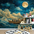 Moonlit Boat Ride Mural Wallpaper in Nursery Various Colors (Blue, Yellow, etc.) of Moonlit Boat Mural Wallpaper - pure wallpaper artwork