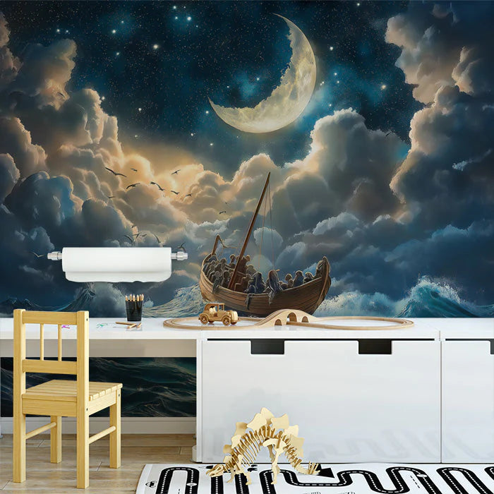 Moonlit Boat Ride Mural Wallpaper in Nursery Various Colors (Blue, Yellow, etc.) of Moonlit Boat Mural Wallpaper - pure wallpaper artwork