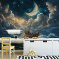 Moonlit Boat Ride Mural Wallpaper in Nursery Various Colors (Blue, Yellow, etc.) of Moonlit Boat Mural Wallpaper - pure wallpaper artwork