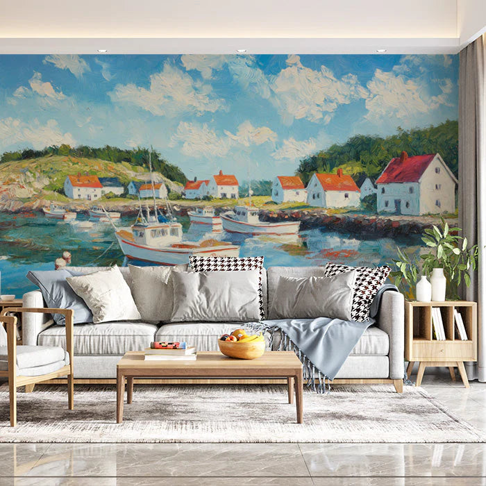 Coastal Village Various Colors (Blue, White, Red, etc.) of Coastal Village Mural Wallpaper