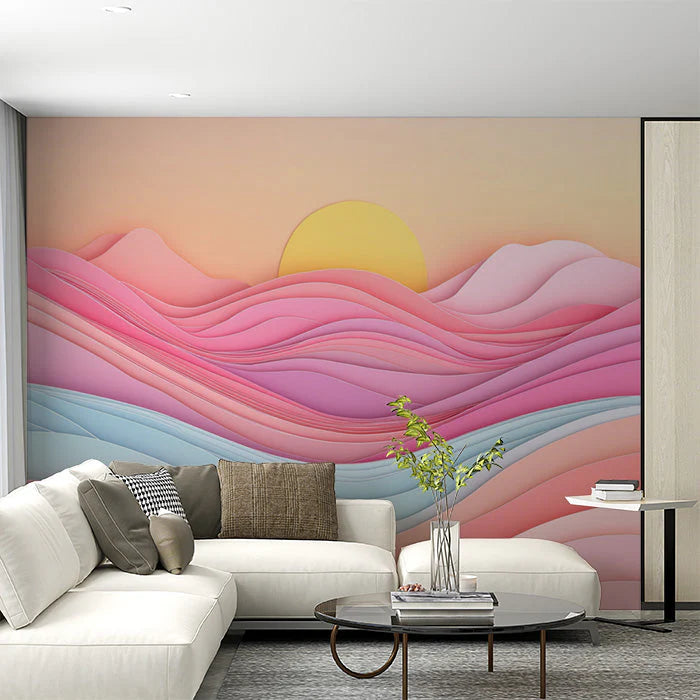 Sunset and Waves Various Colors (Pink, Orange, etc.) of Sunset and Waves Mural Wallpaper