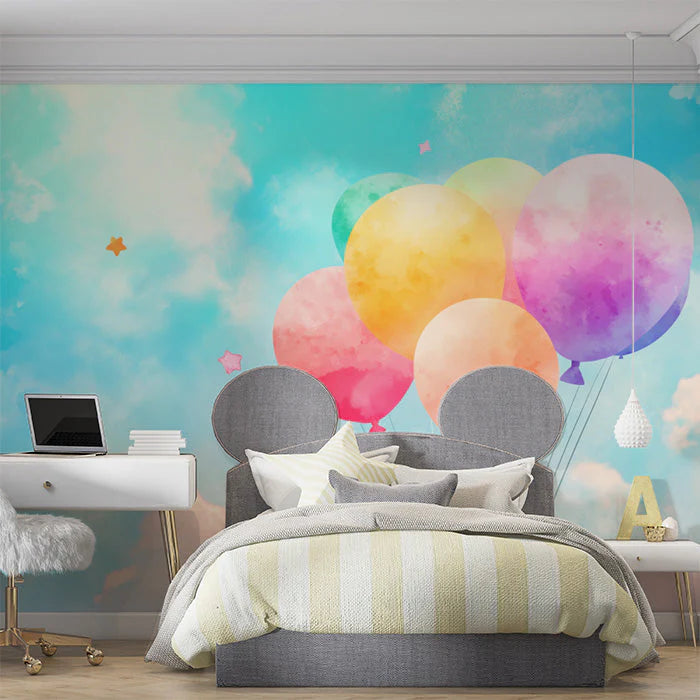 Hot Air Balloon and Clouds Various Colors (Blue, Orange, etc.) of Balloons Mural Wallpaper - pure wallpaper artwork
