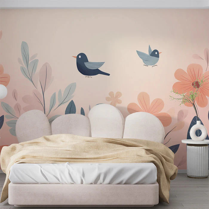 Bird and Floral Wallpape Various Colors (Pink, Blue, etc.) of Birds Mural Wallpaper - pure wallpaper artwork