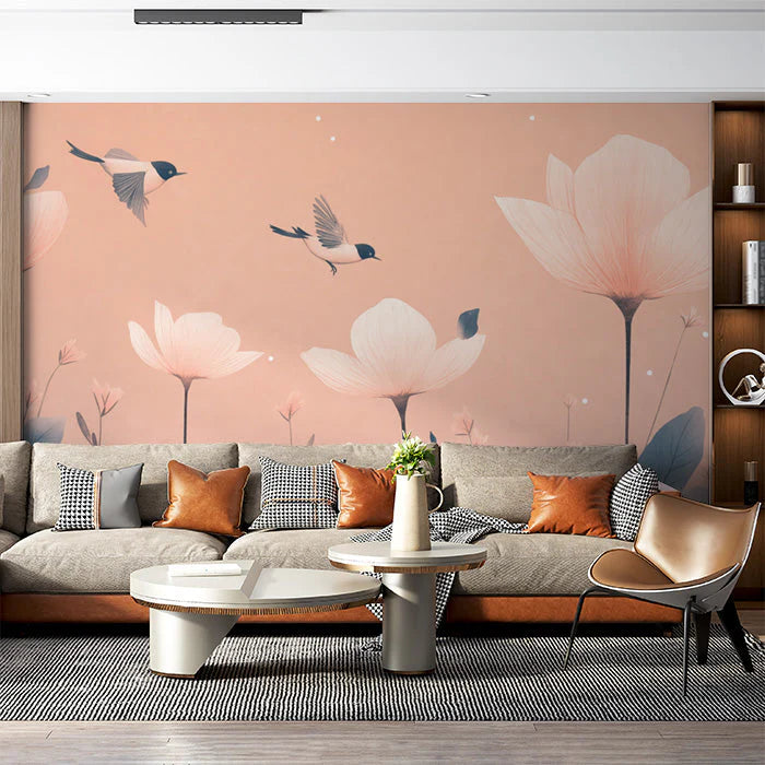 Bird and Floral Wallpape for a living room Various Colors (Pink, Blue, etc.) of Birds Mural Wallpaper - pure wallpaper artwork