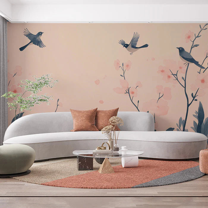 Bird and Floral Wallpape for a commercial space Various Colors (Pink, Blue, etc.) of Birds Mural Wallpaper - pure wallpaper artwork