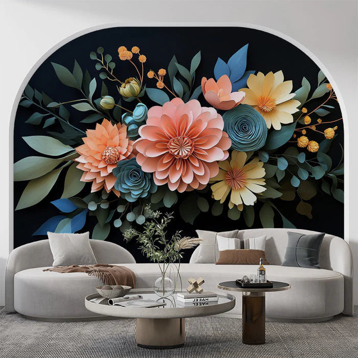 Dark Floral Wallpaper in Living Room Various Colors (Orange, Blue, etc.) of Flowers Mural Wallpaper - pure wallpaper artwork