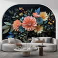 Dark Floral Wallpaper in Living Room Various Colors (Orange, Blue, etc.) of Flowers Mural Wallpaper - pure wallpaper artwork