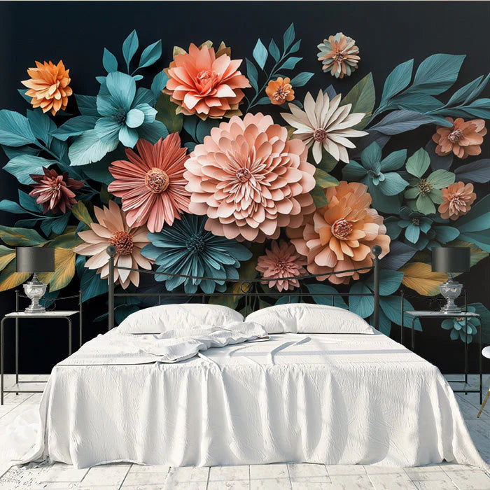 Dark Floral Wallpaper for a bed room Various Colors (Orange, Blue, etc.) of Flowers Mural Wallpaper - pure wallpaper artwork