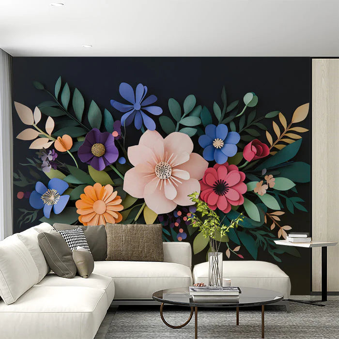 3D Vibrant Floral Various Colors (Pink, Blue, etc.) of Flowers for Living Room Mural Wallpaper - pure wallpaper artwork