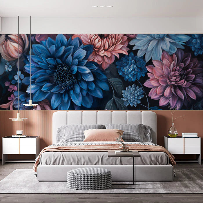 Blue and Pink Floral Mural Wallpaper Various Colors (Blue, Pink, etc.) of Romantic Flowers Mural Wallpaper - pure wallpaper artwork