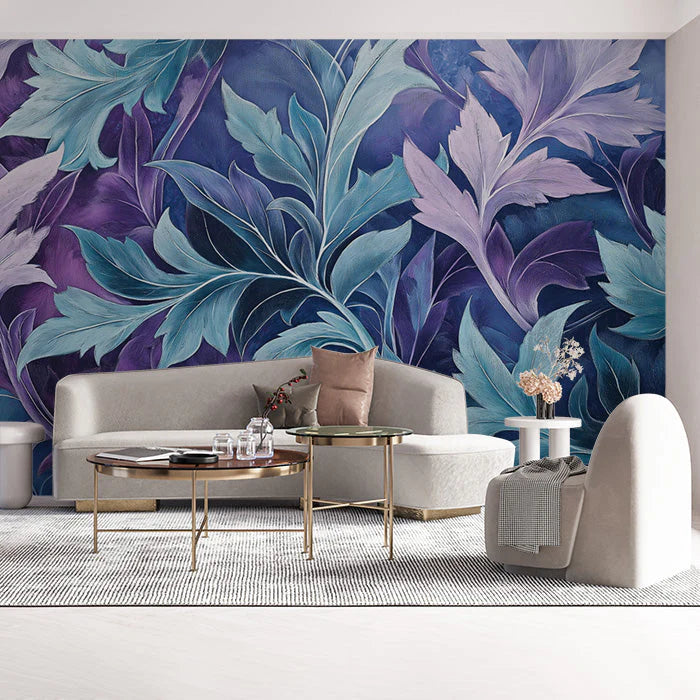 Purple and Blue Leaf Mural Wallpaper Various Colors (Purple, Blue, etc.) Leaves Mural Wallpaper - pure wallpaper artwork