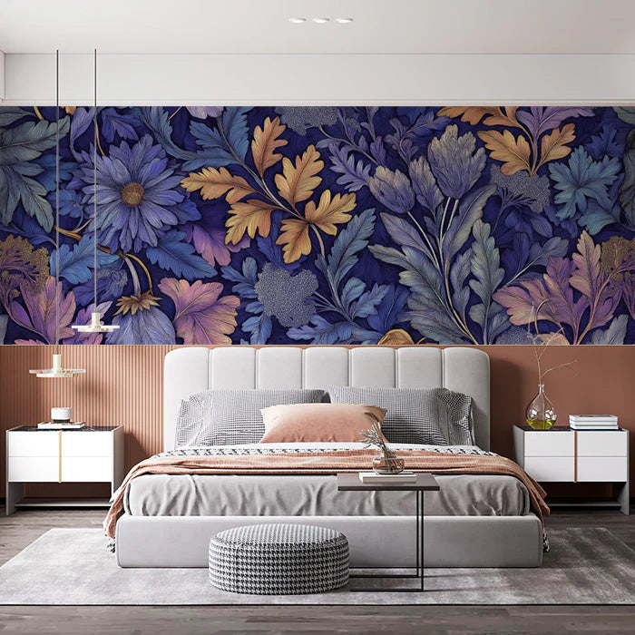 Floral and Leaf Various Colors (Blue, Purple, etc.) of Flowers and Leaves Mural Wallpaper - pure wallpaper artwork