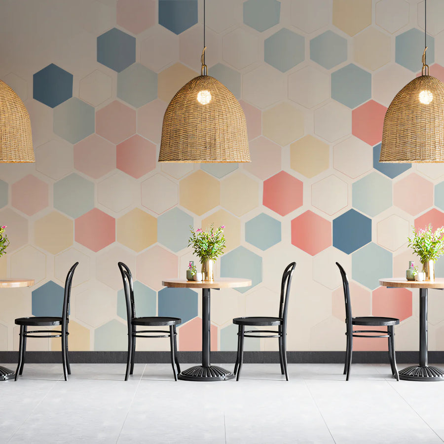 Hexagonal Pattern Mural Wallpaper in Cafe Various Pastel Colors of Hexagonal Patterns Mural Wallpaper