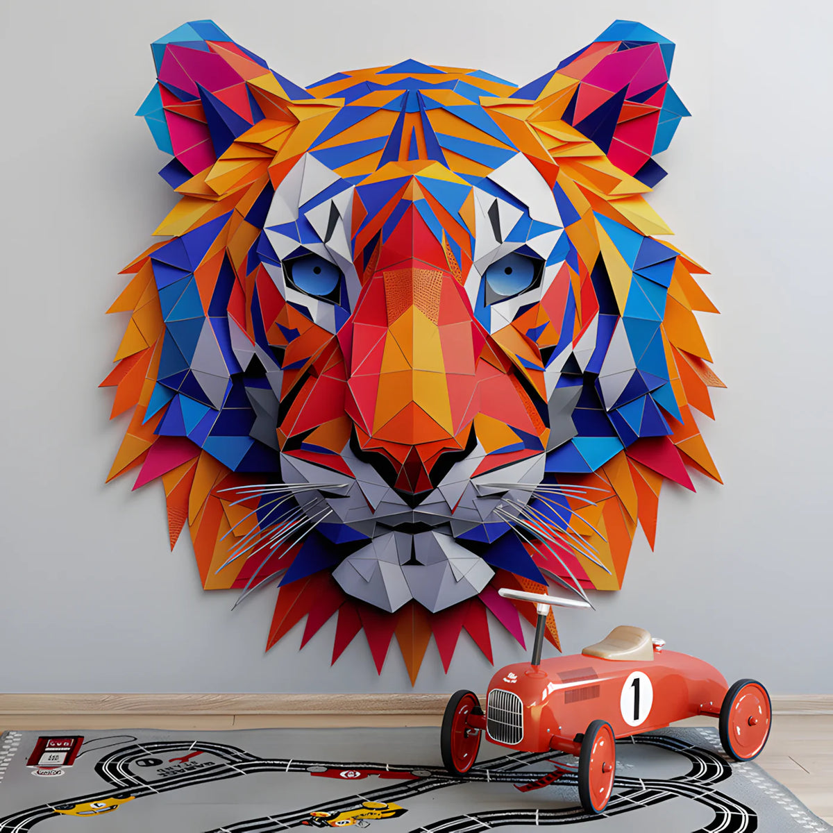 Geometric Tiger Mural Wallpaper in Room Various Colors (Orange, Blue, etc.) of Tiger Mural Wallpaper - pure wallpaper artwork