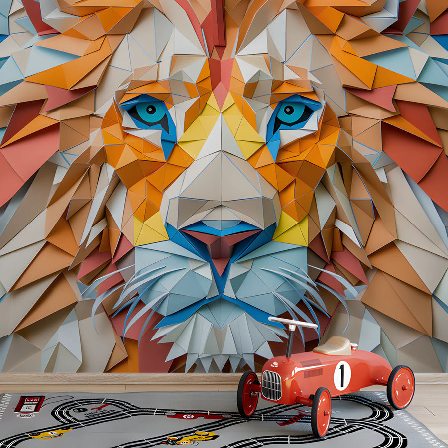 Geometric Lion Mural Wallpaper in Room Various Colors (Orange, Blue, etc.) of Lion Mural Wallpaper