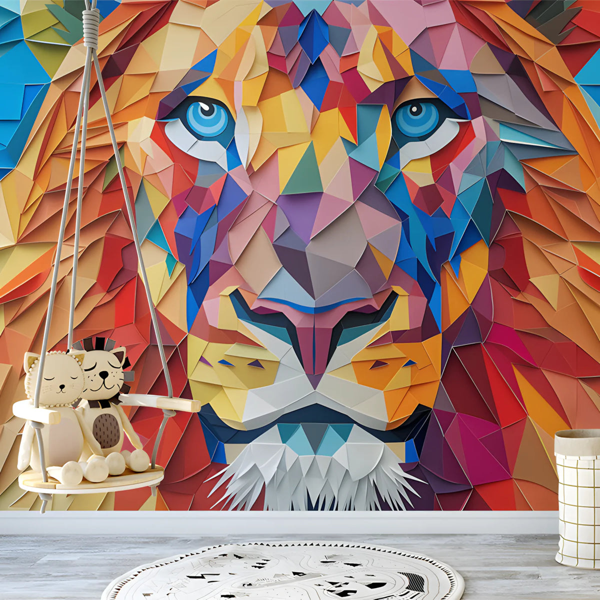 Geometric Lion Mural Wallpaper in Nursery Various Colors (Orange, Blue, etc.) of Lion Mural Wallpaper - pure wallpaper artwork