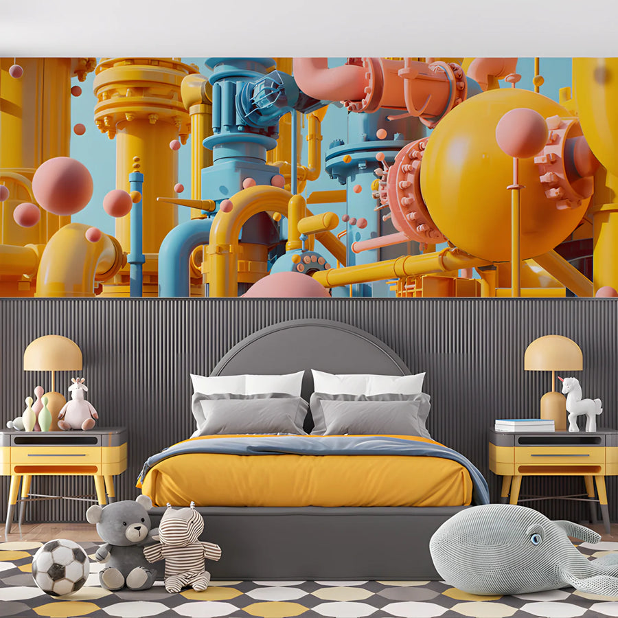 Industrial Pipes Mural Wallpaper in Bedroom Various Colors (Yellow, Blue, etc.) of Industrial Pipes Mural Wallpaper