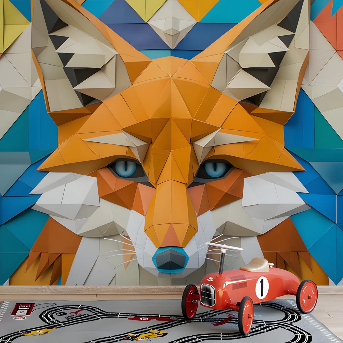 Geometric Fox Mural Wallpaper in Kid's Room Various Colors (Orange, Blue, etc.) of Geometric Fox Mural Wallpaper - pure wallpaper artwork