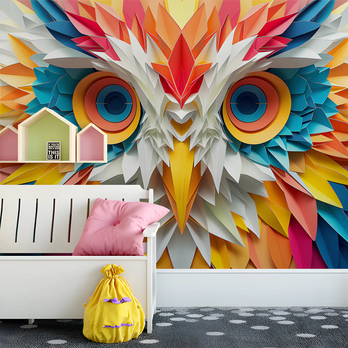 Geometric Owl Mural Wallpaper in Room Various Colors (Orange, Blue, etc.) Mural Wallpaper - pure wallpaper artwork