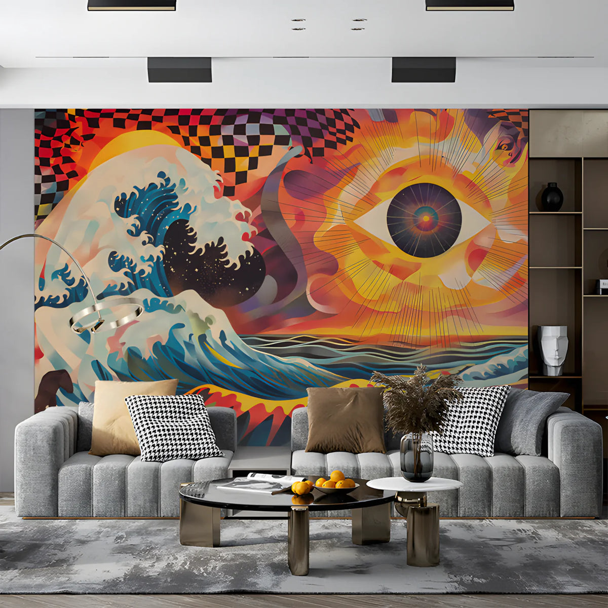 Abstract Sun and Waves Mural Wallpaper in Office Various Colors (Black, Red, etc.) Sun and Eyes Mural Wallpaper - pure wallpaper artwork
