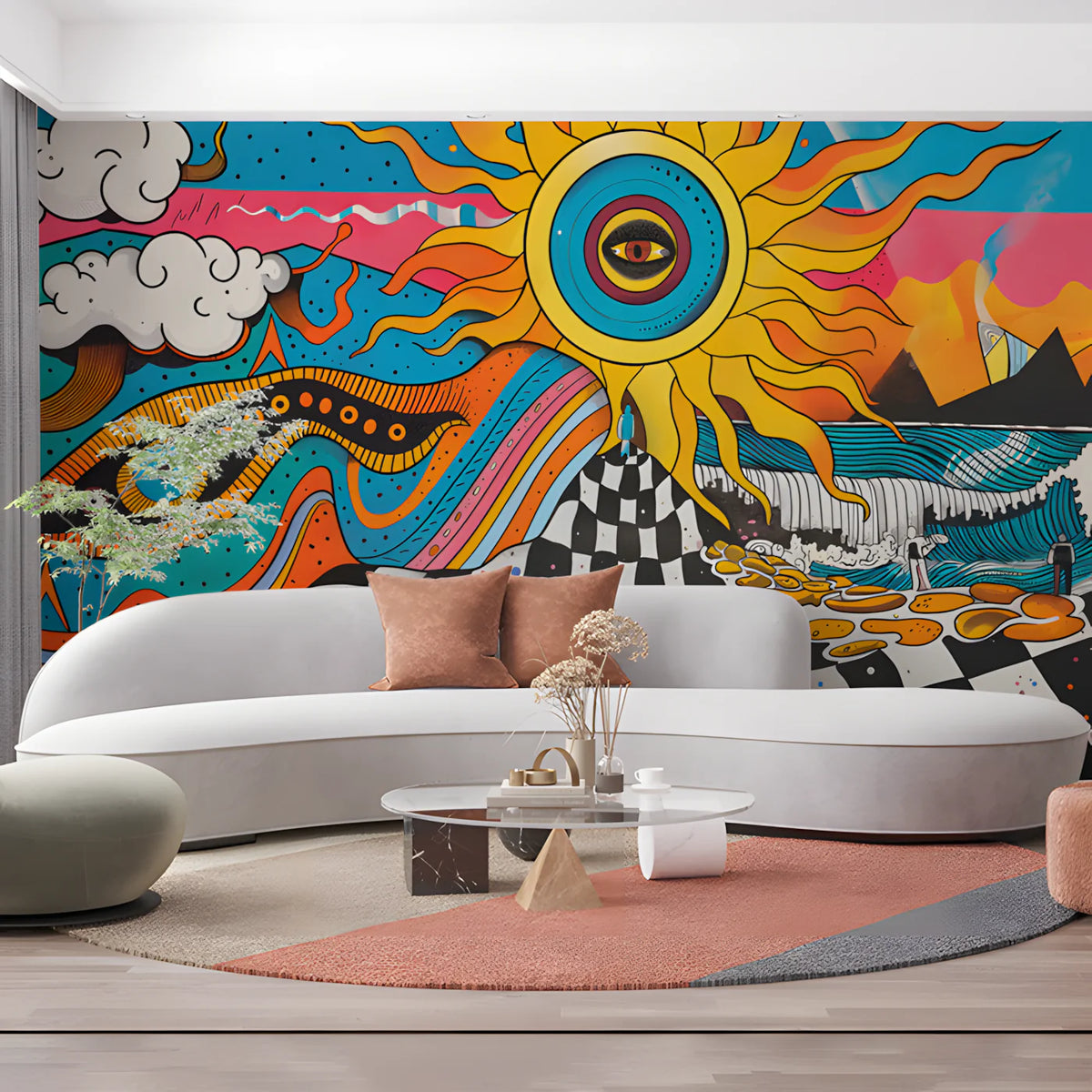 Abstract Sun and Waves Mural Wallpaper in Office Various Colors (Black, Red, etc.) Sun and Eyes Mural Wallpaper - pure wallpaper artwork
