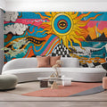Abstract Sun and Waves Mural Wallpaper in Office Various Colors (Black, Red, etc.) Sun and Eyes Mural Wallpaper - pure wallpaper artwork