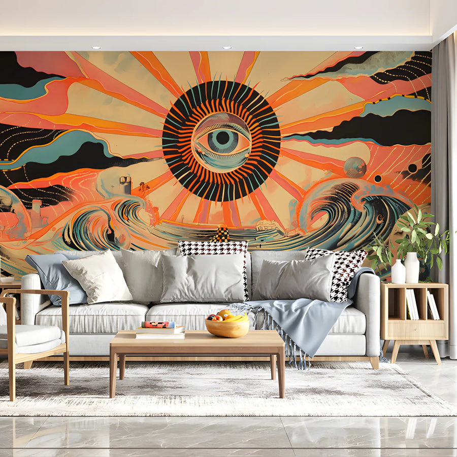 Abstract Sun and Waves Mural Wallpaper in Office Various Colors (Black, Red, etc.) Sun and Eyes Mural Wallpaper