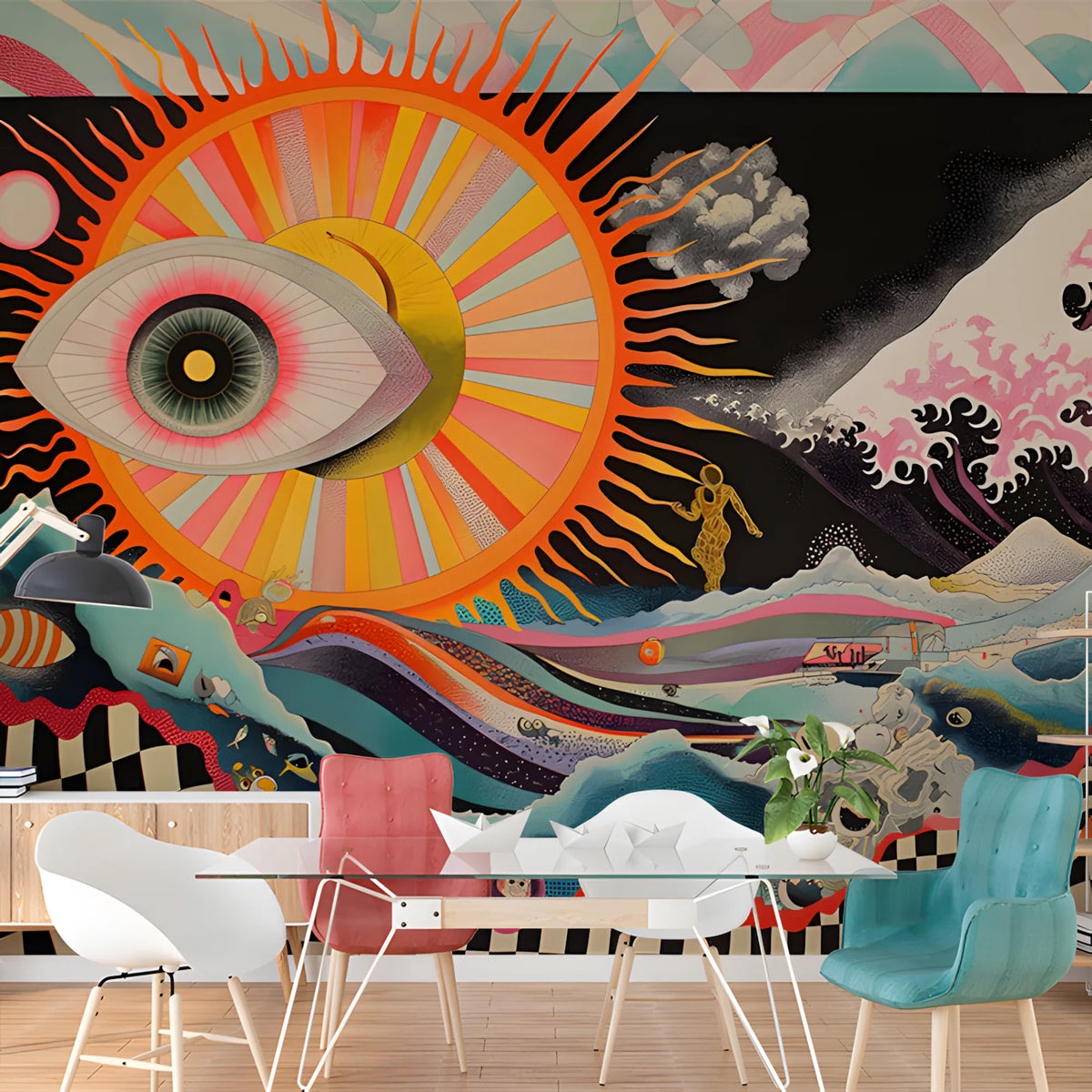 Abstract Sun and Waves Mural Wallpaper in Office Various Colors (Black, Red, etc.) Sun and Eyes Mural Wallpaper - pure wallpaper artwork