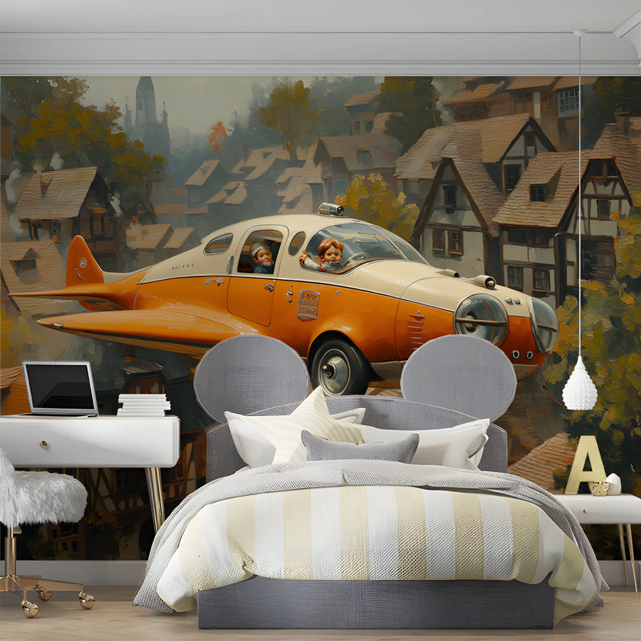 Vintage Airplane and Village Mural Wallpaper in Bedroom Various Colors (Orange, Brown, etc.) of Airplane Mural Wallpaper
