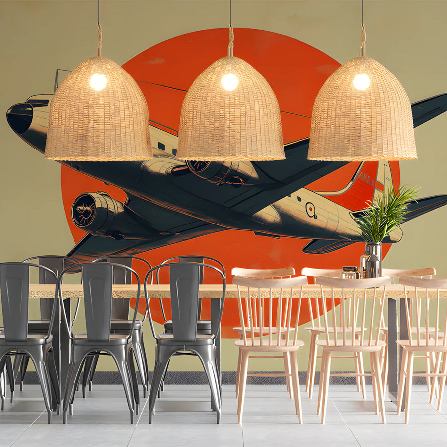 Vintage Plane Mural Wallpaper in Dining Room Various Colors (Orange, Black, etc.) of Plane Mural Wallpaper