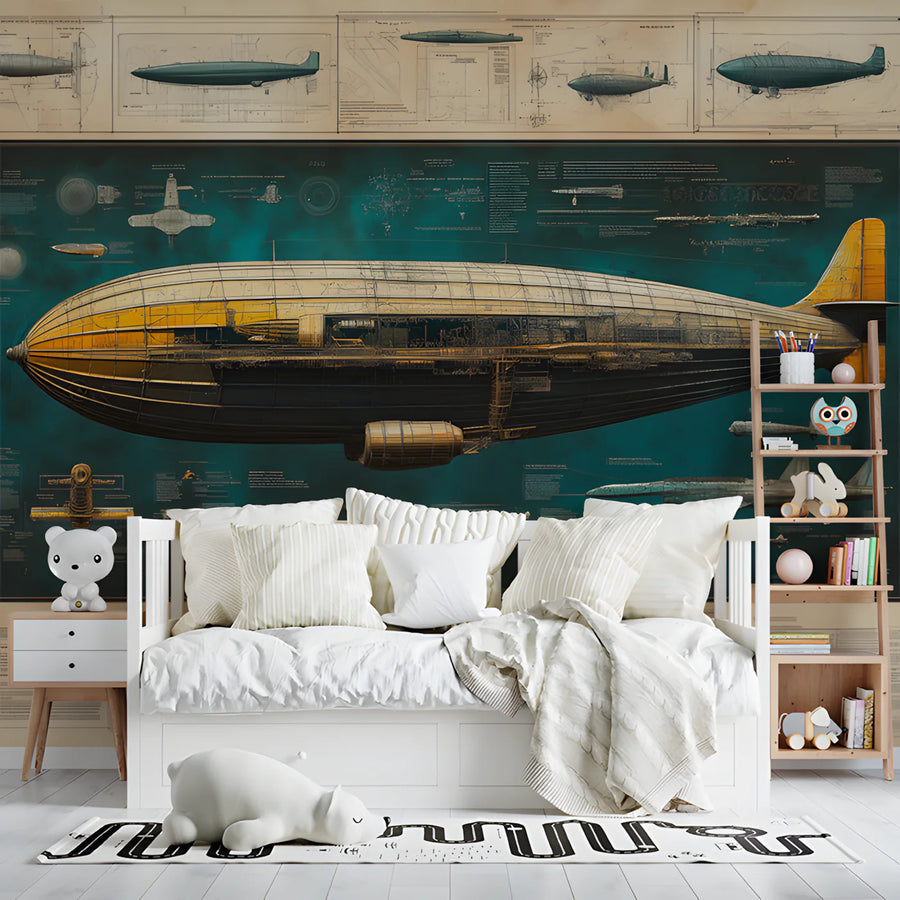Vintage Airship Blueprint Mural Wallpaper — Industrial Aesthetic Mural Wallpaper