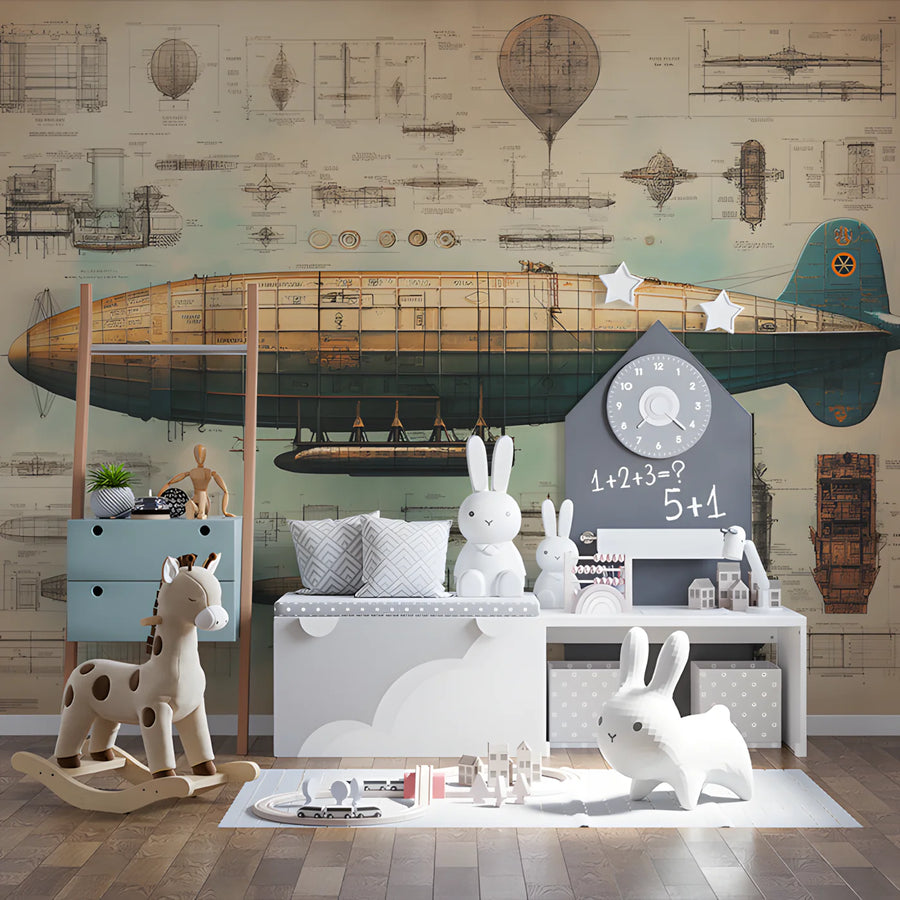 Vintage Airship Blueprint Mural Wallpaper — Industrial Nostalgia Mural Wallpaper