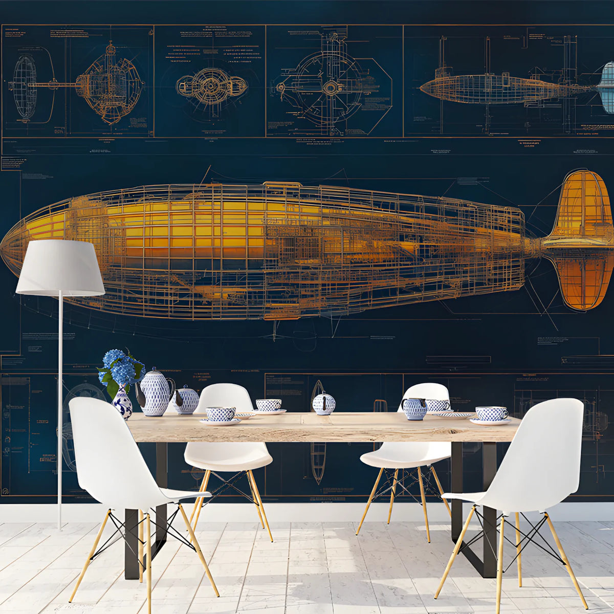 Vintage Airship Blueprint Mural Wallpaper — Industrial Nautical Mural Wallpaper - pure wallpaper artwork