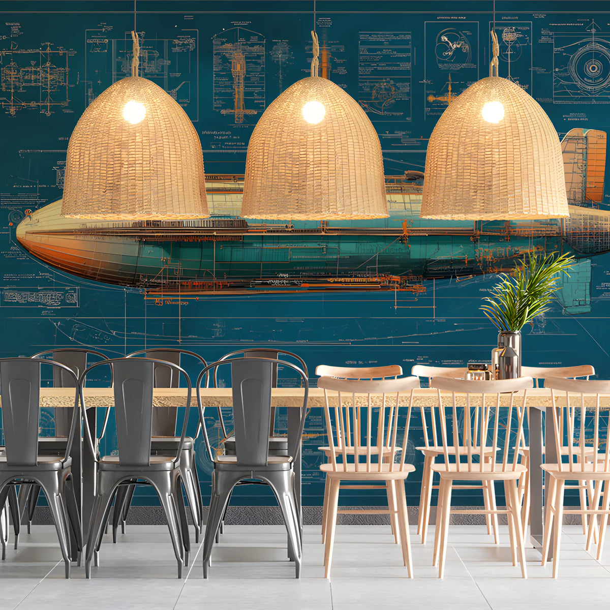 Vintage Airship Blueprint Mural Wallpaper — Industrial Style Mural Wallpaper - pure wallpaper artwork