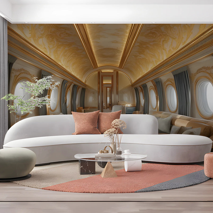 Opulent Airplane Interior Mural Wallpaper — Gold and Cream Luxury Mural Wallpaper