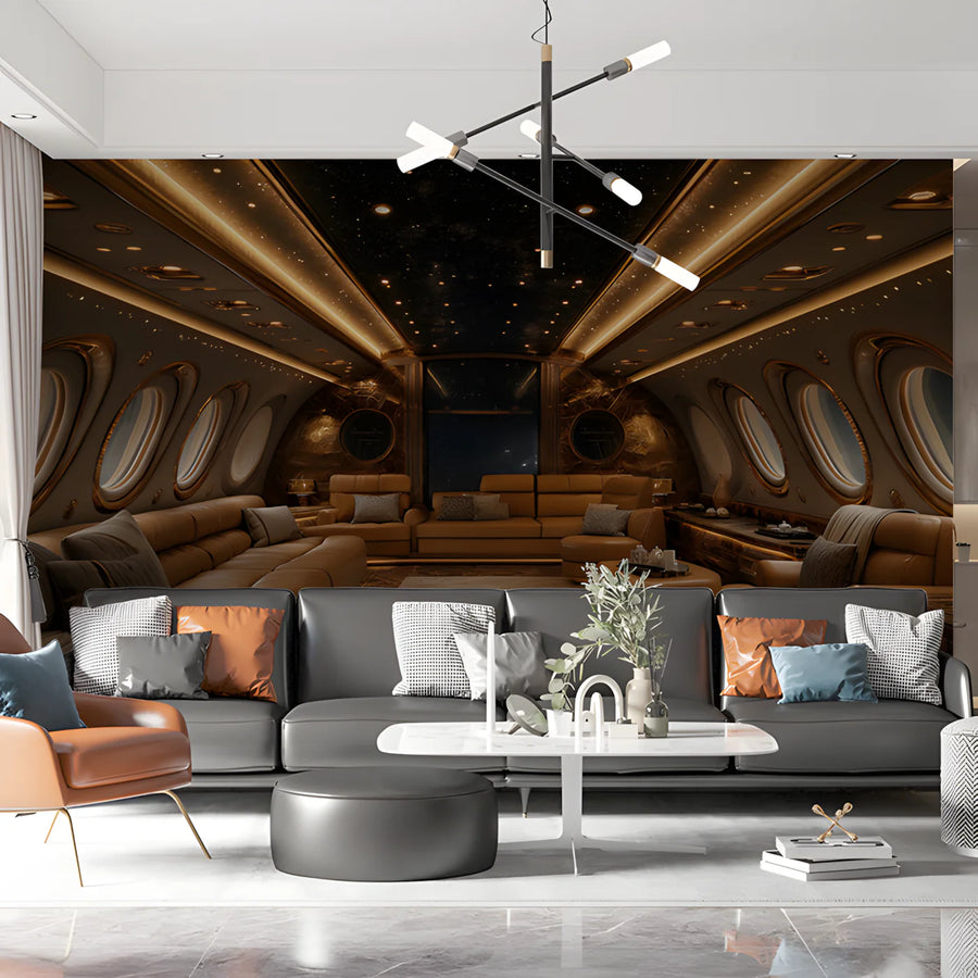 Private Jet Cabin Mural Wallpaper — Sophisticated Metallic Gold Mural Wallpaper